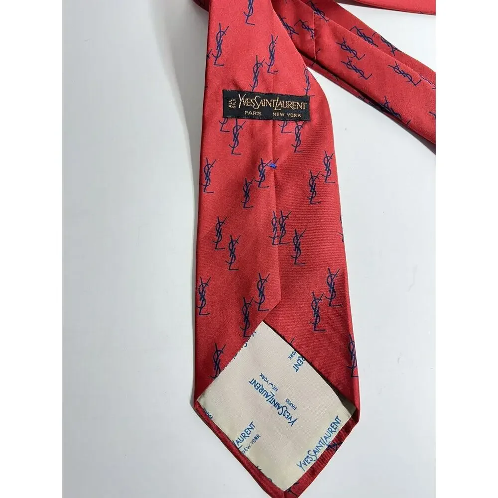 VINTAGE Yves Saint Laurent EUC Red Allover Monogram 100% Silk Tie 56